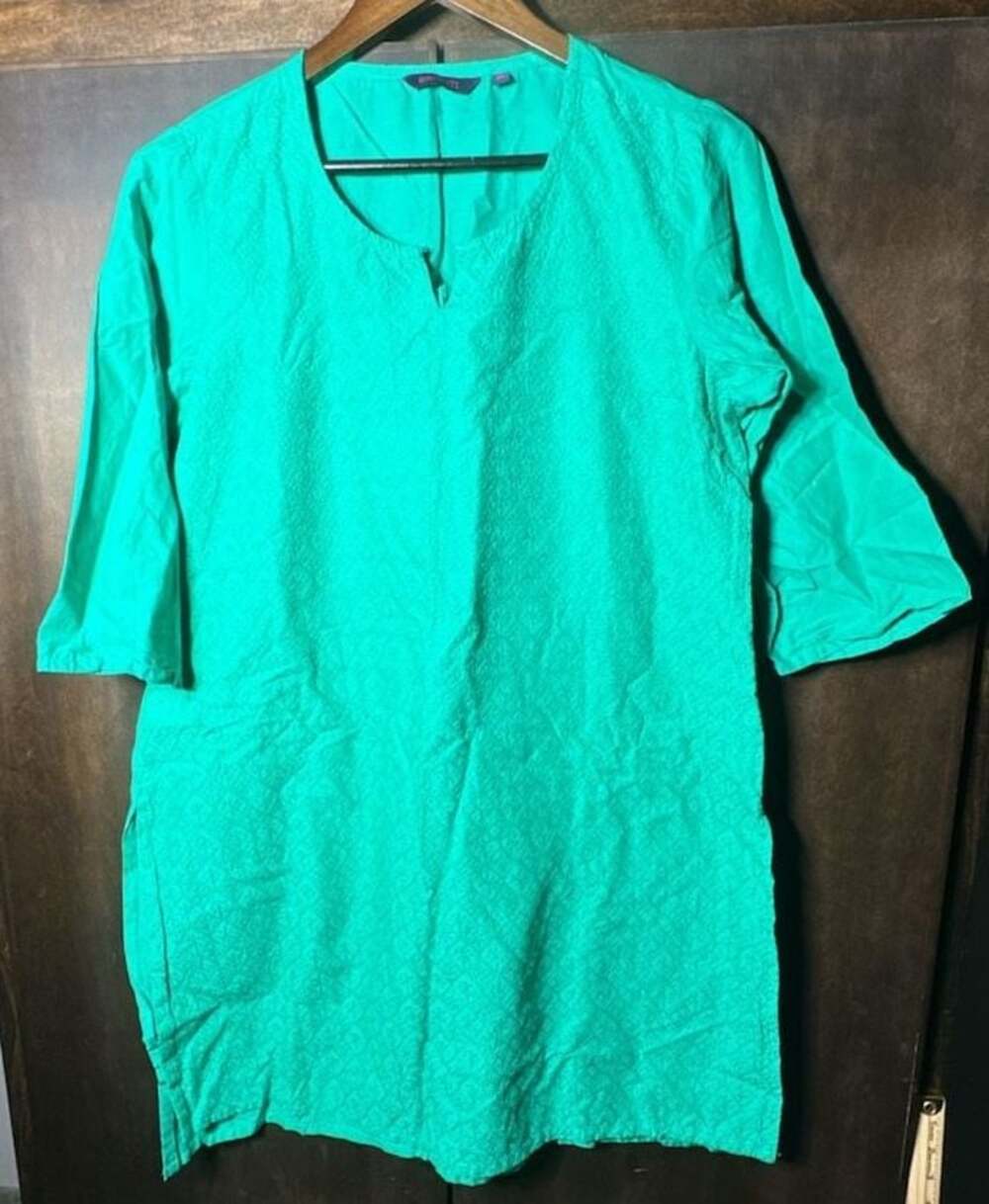 Srishti Top Womens XL Green 3/4 Sleeve Tunic Indian Kurti Neck Cotton Blouse